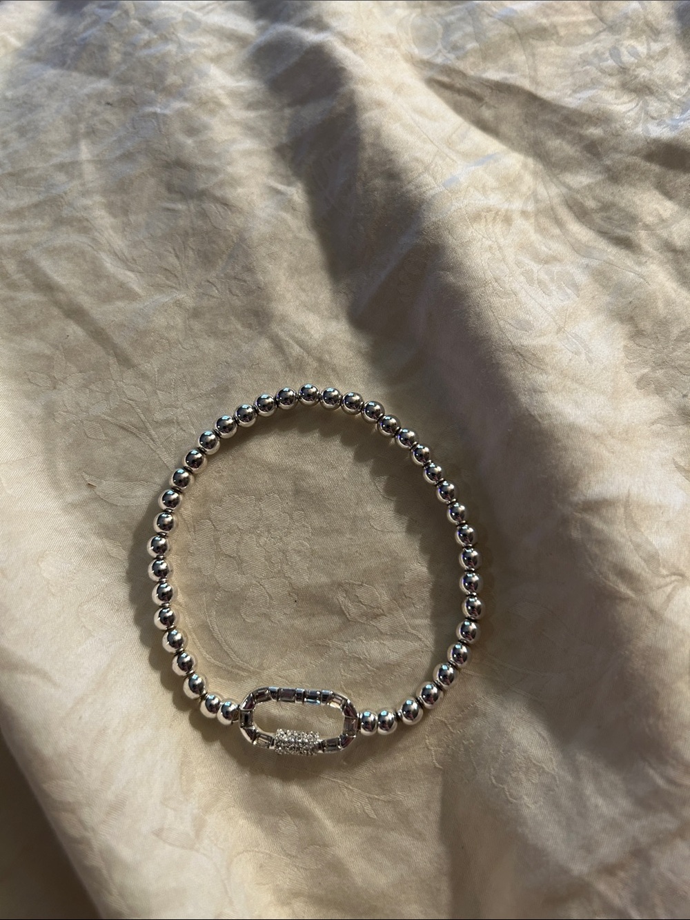 Silver Tone Beaded Bracelet with Pavé Carabiner Charm